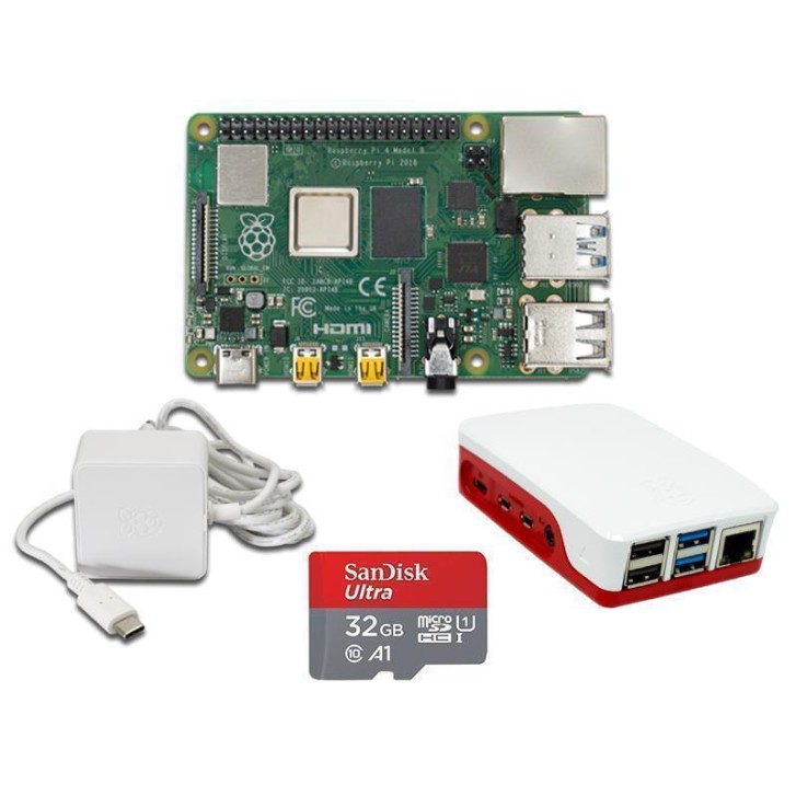 Raspberry Pi 4 Modell B Bundle offiz.Teile Rot/Weiß RPi mit 4GB RAM Sandisk MicroSD 32GB