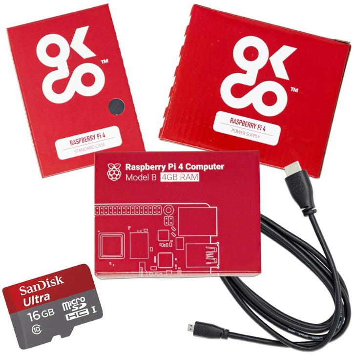 OKdo Raspberry Pi 4 4 GB Basis-Kit, Netzteil, Kabel, Gehäuse, SD Karte