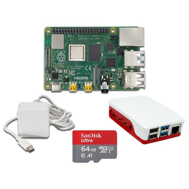 Raspberry Pi 4 Modell B Bundle offiz.Teile Rot/Weiß RPi mit 4GB RAM Sandisk MicroSD 64 GB