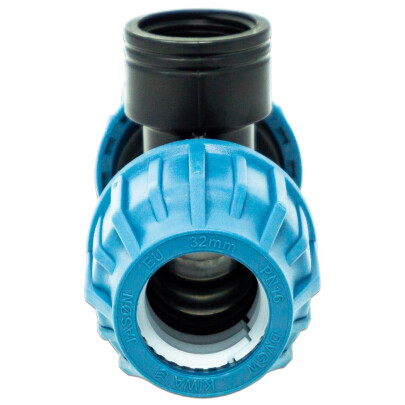 Jason T-Stück 90° PP 32 mm x 1" x 32 mm Klemm x Innengewinde x Klemm 16bar Schwarz/Blau DVGW/KIWA/WRAS/SVGW