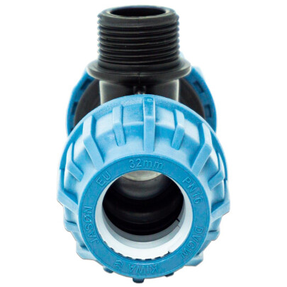 Jason T-Stück 90° PP 32 mm x 1" x 32 mm Klemm x Außengewinde x Klemm 16bar Schwarz/Blau DVGW/KIWA/WRAS/SVGW